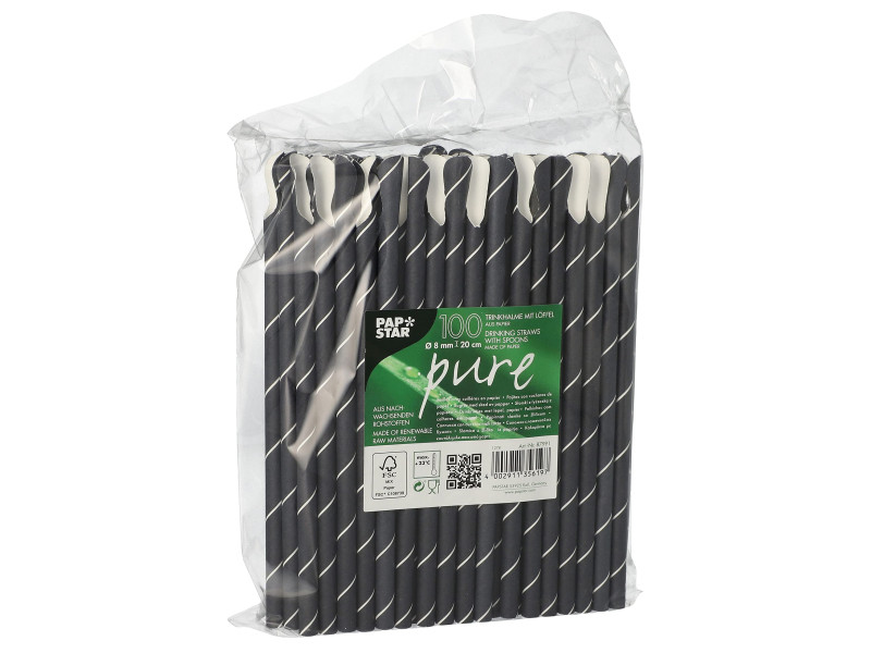 PAPSTAR Paille en papier avec cuiller 'pure', 200 mm, noir