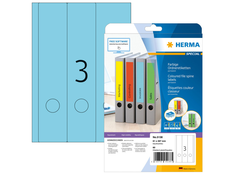 HERMA Etiquette dos de classeur SPECIAL, 61 x 297 mm, bleu
