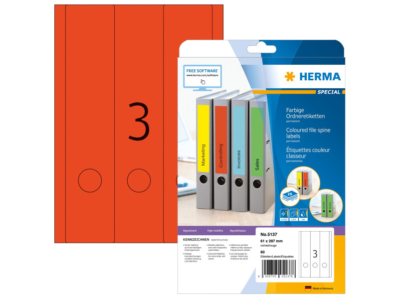 HERMA Etiquette dos de classeur SPECIAL, 61 x 297 mm, rouge
