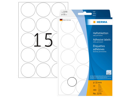 HERMA Pastille adhésive, diamètre: 32 mm, blanc