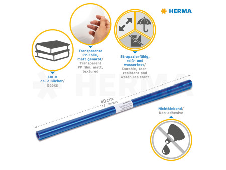 HERMA Film couvre-livres, 400 mm x 2 m, en PP, bleu, non